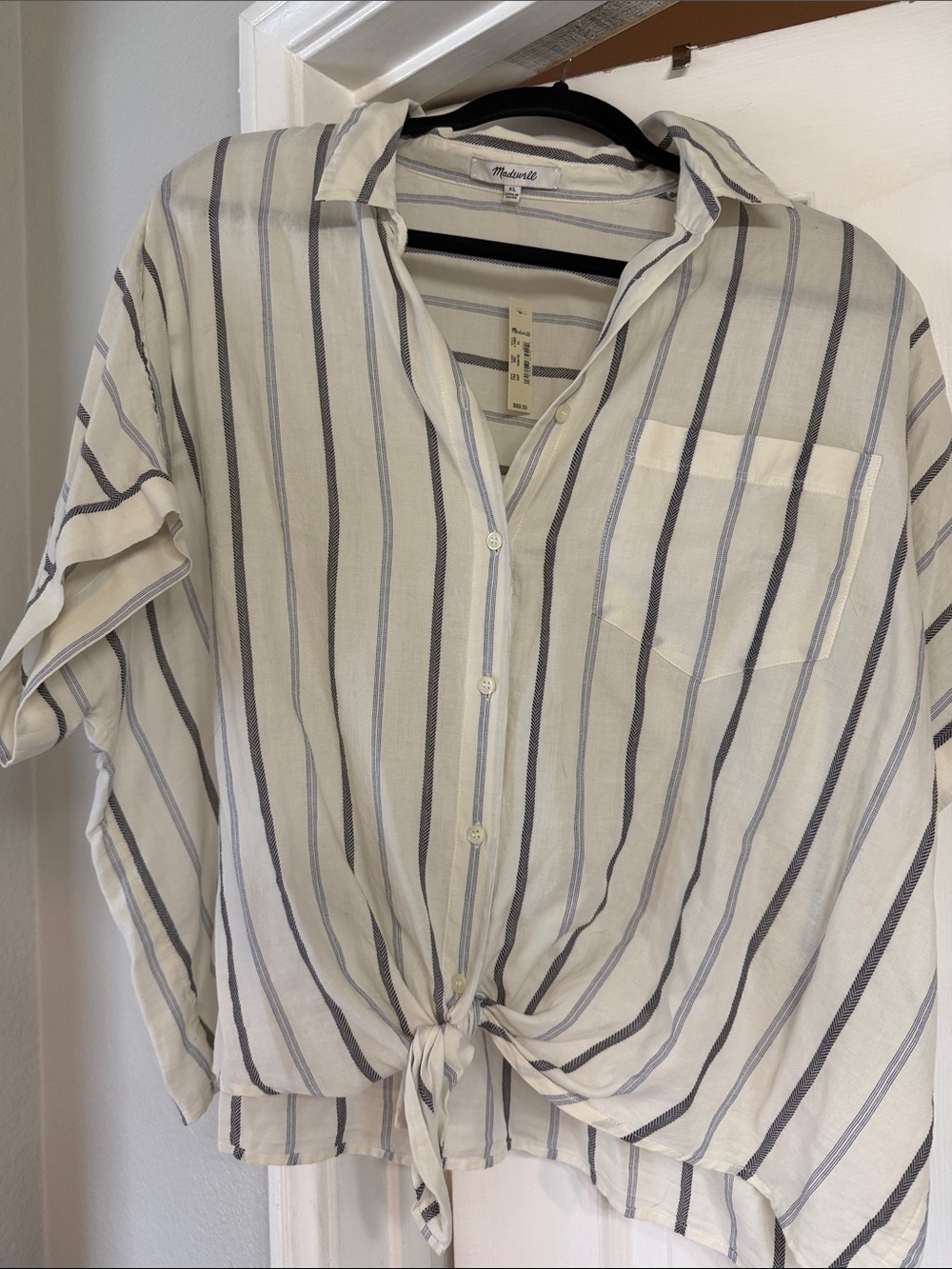 Madewell White Striped Button-Front Tie-Hem Shirt